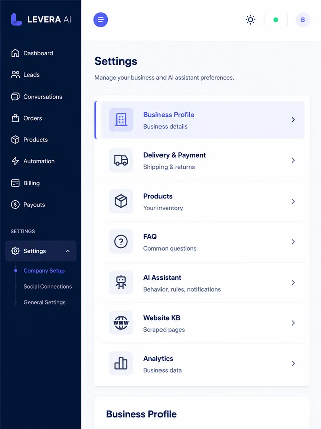 Levera AI dashboard - Company Setup screen