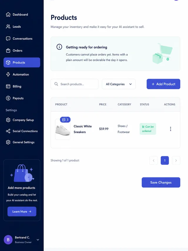 Levera AI dashboard - Products screen